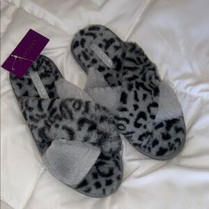 Gray and Black Plush Animal Print Slippers